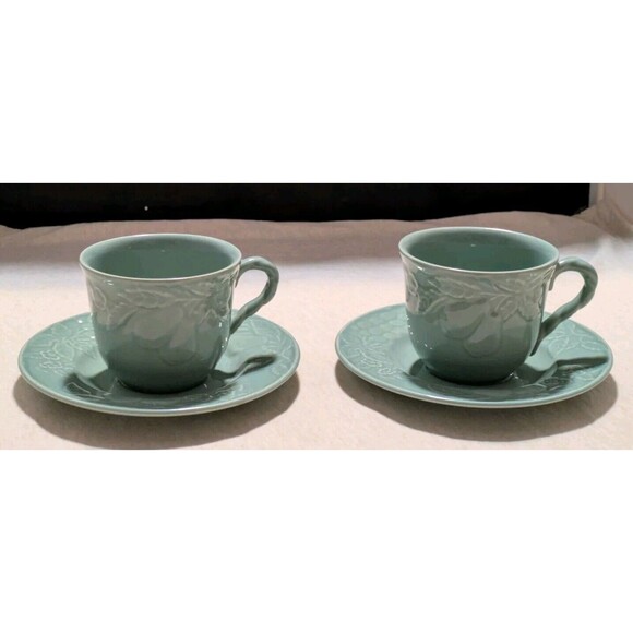 2 Savoir Vivre Fruit Promenade Celadon MF003 Cup & Saucer Sets Discontinued EUC - Picture 1 of 14
